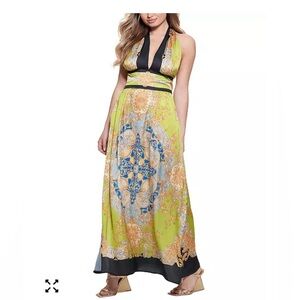 Guess Capucine Satin Feel Halter Neck Open Back Maxi Dress Sz M EUC